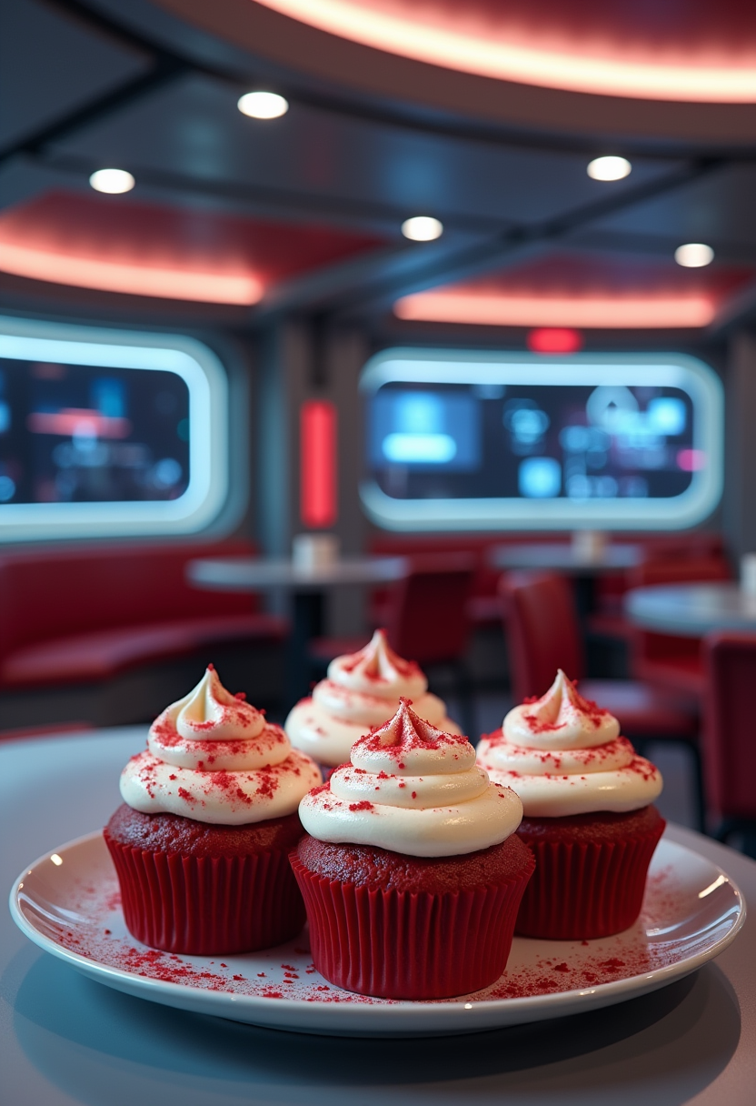 Star Trek Red Shirt Red Velvet Cupcakes on futuristic spaceship table with sci-fi decor, realistic and tempting