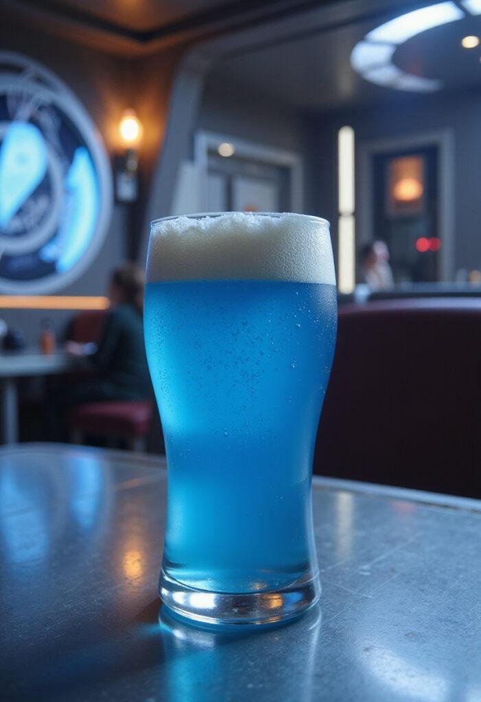 Star Trek Romulan Ale with blueberry soda in a futuristic setting, served in a sleek glass with bubbly tops, reminiscent of sci-fi decor