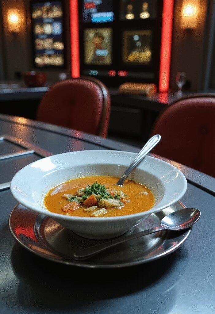 Star Trek Spock's Logical Plomeek Soup served in a futuristic spaceship kitchen with Vulcan-themed decor