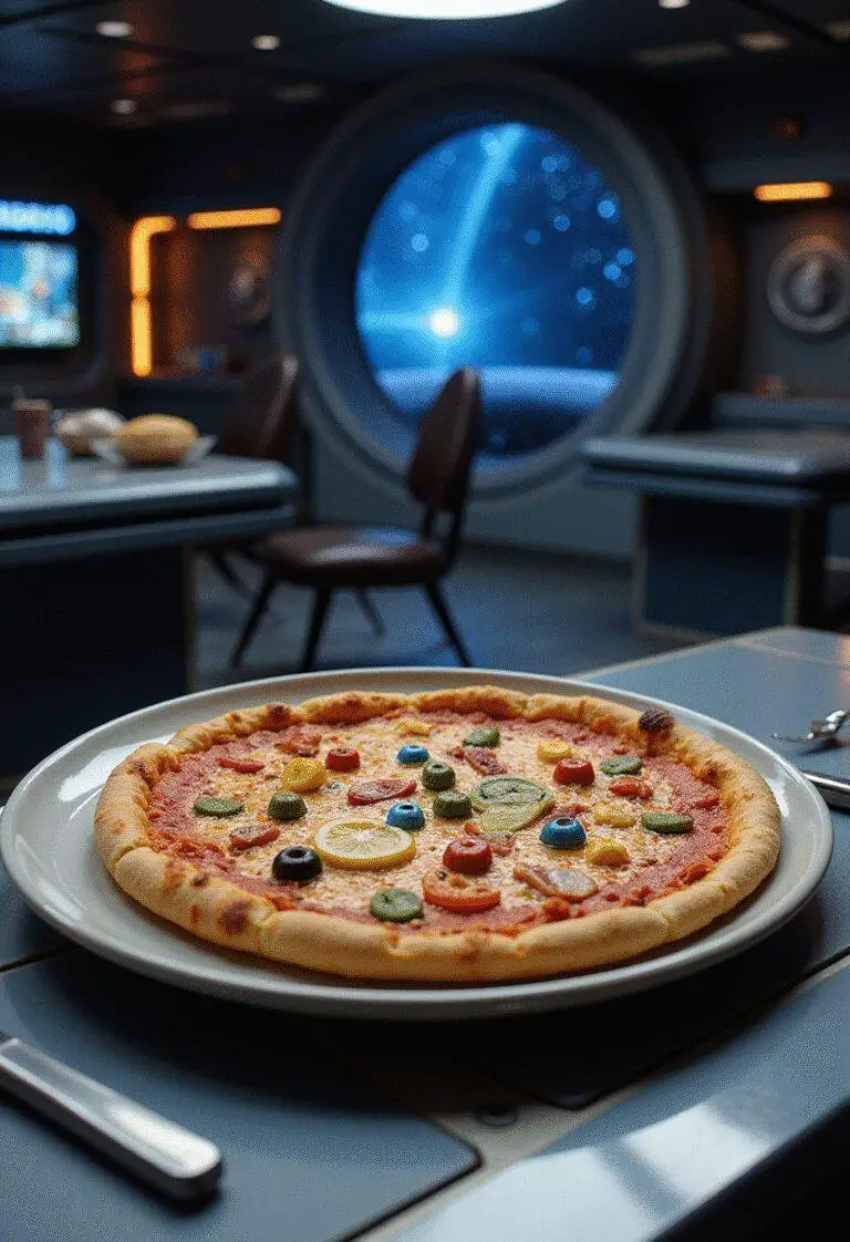Star Trek The Enterprise Starship Pizza plated on a futuristic spaceship table with sci-fi decor, perfect for Star Trek fans seeking a themed dish.