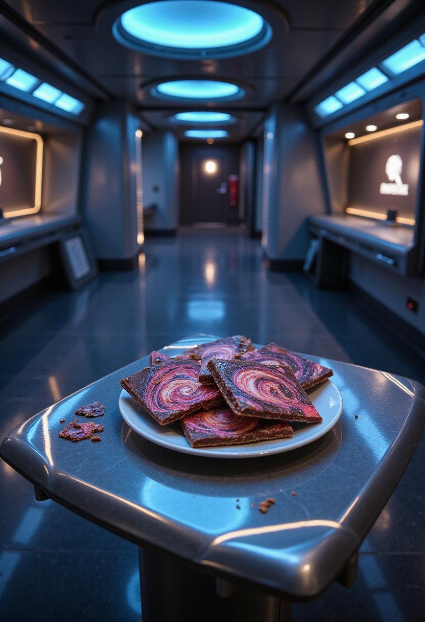 Star Trek The Final Frontier Galaxy Bark on a spaceship table with cosmic chocolate swirls, set in a futuristic Star Trek environment