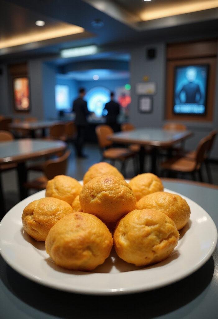 Star Trek Tribble Puffs cheese puffs served on a futuristic spaceship table, capturing a sci-fi themed culinary scene.