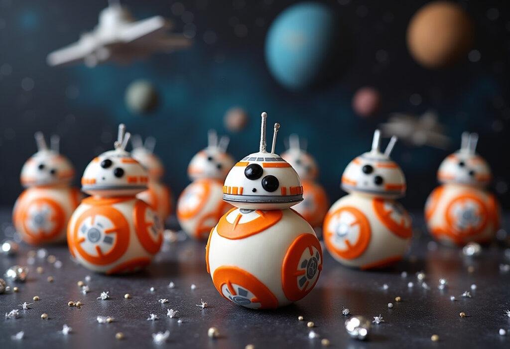 Star Wars BB-8 cake pops decorated with orange, white, and silver icing, presented on a space-themed table with stars and planets for a realistic scene.