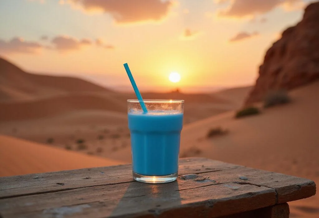 Star Wars Blue Milk from Tatooine served as a blueberry smoothie in a clear glass with a straw, set in a Tatooine desert scene for an authentic look