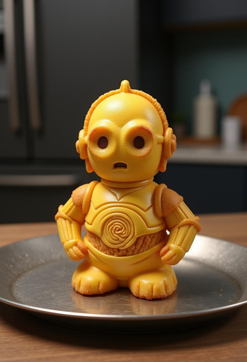 Star Wars C-3PO's golden cornbread on a sci-fi themed plate, showcasing the detailed design resembling the iconic droid from Star Wars.