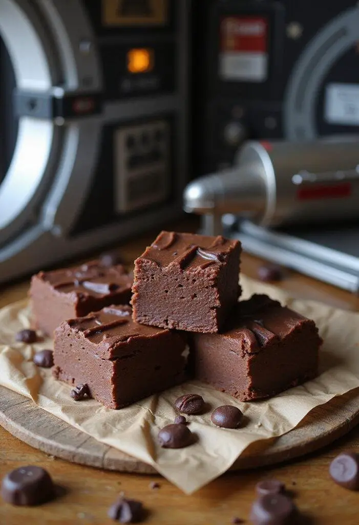 Star Wars Chewbacca's Wookiee Chocolate Fudge on a rustic table with sci-fi decor, showcasing rich, glossy chocolate fudge inspired by Chewbacca.