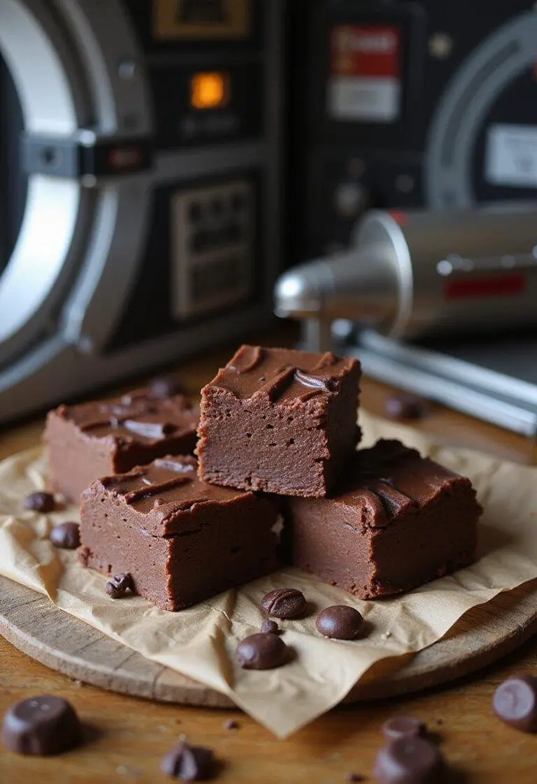 Star Wars Chewbacca's Wookiee Chocolate Fudge on a rustic table with sci-fi decor, showcasing rich, glossy chocolate fudge inspired by Chewbacca.