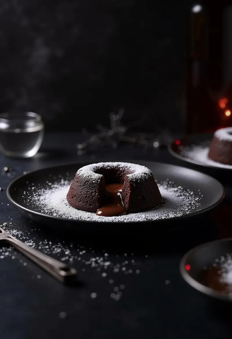 Star Wars Darth Vader's Dark Side Chocolate Lava Cake plated in a sci-fi themed setting with molten chocolate flowing from the center.