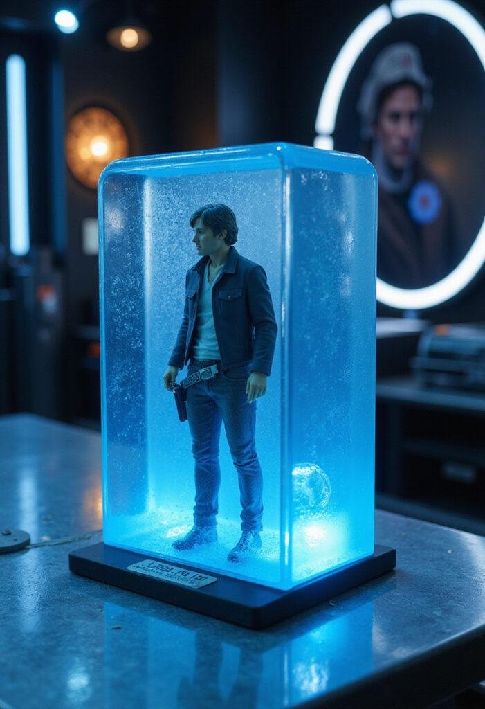 Star Wars Han Solo's Carbonite Jello in a sci-fi laboratory scene, showcasing the frozen Han Solo in a shiny blue gelatin block from the original saga.