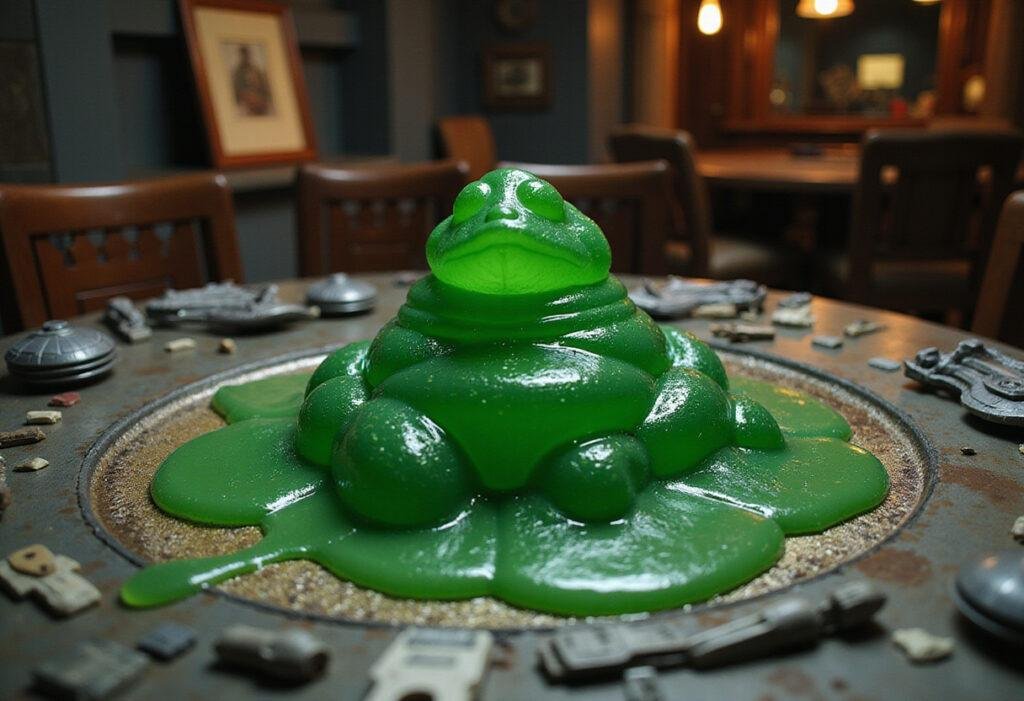Star Wars Jabba's Slime Jello plated on a sci-fi themed table with spaceship decorations, capturing the look of Jabba the Hutt's signature green slime dessert.