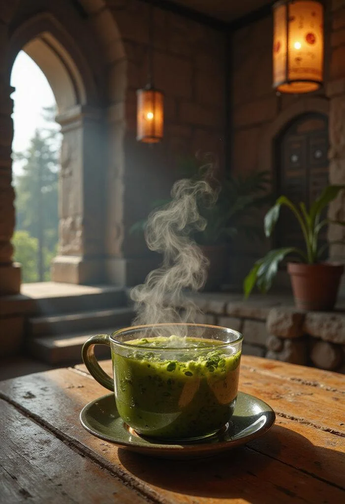 Star Wars Jedi Temple Tea in a rustic setting with stone walls and celestial motifs, showcasing a steaming herbal tea inspired by the Jedi Temple.
