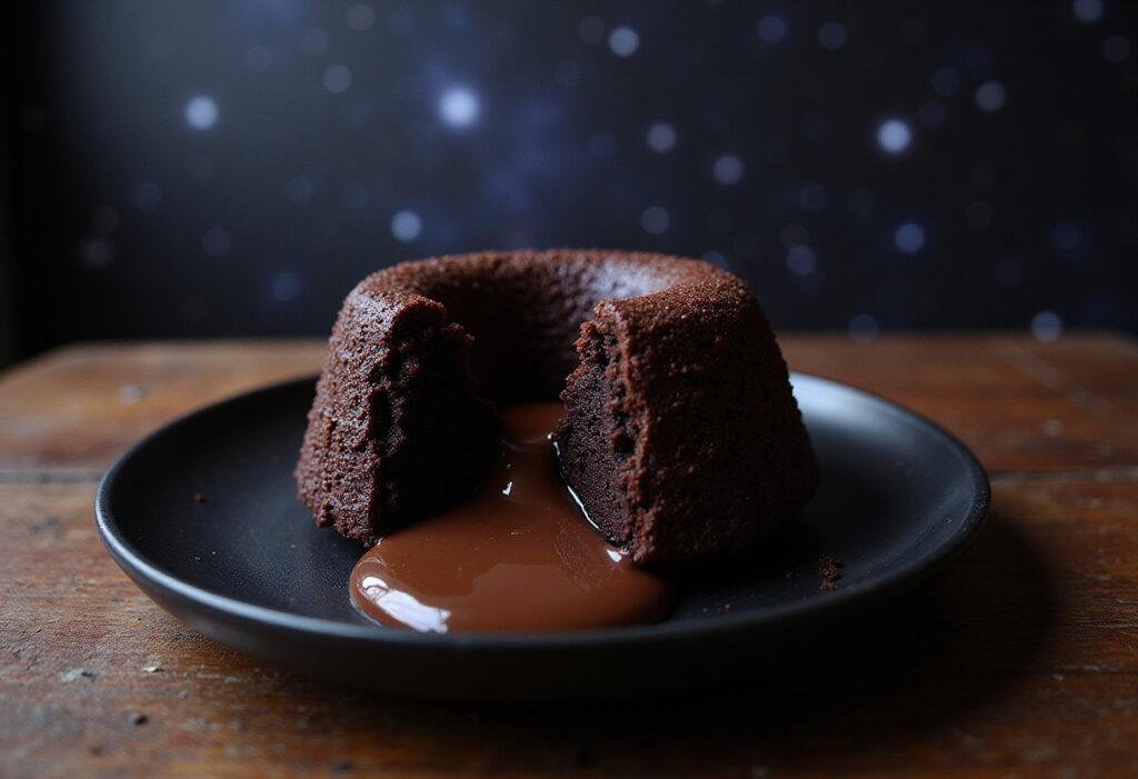 Star Wars Kylo Ren's Dark Side Chocolate Lava Cake on a black plate with a sci-fi-themed background, molten center visible