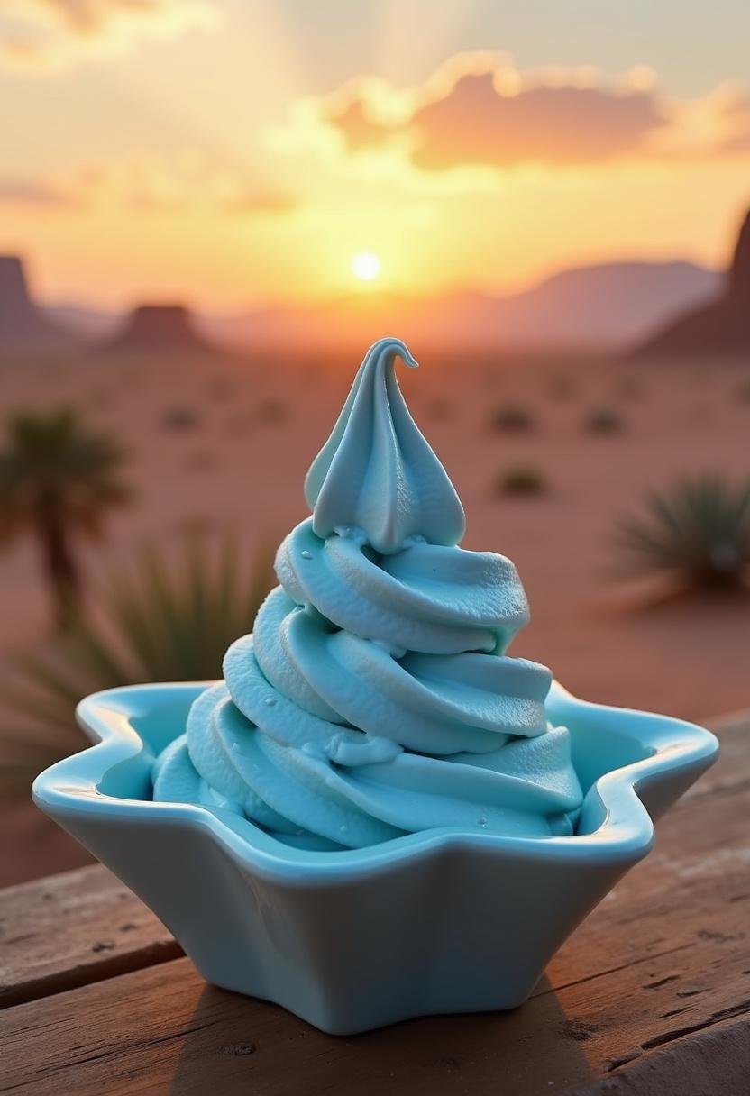Star Wars Blue Milk Ice Cream served in a star-shaped bowl on a moisture farm table with desert scenery, reminiscent of Luke Skywalker's Tatooine home.