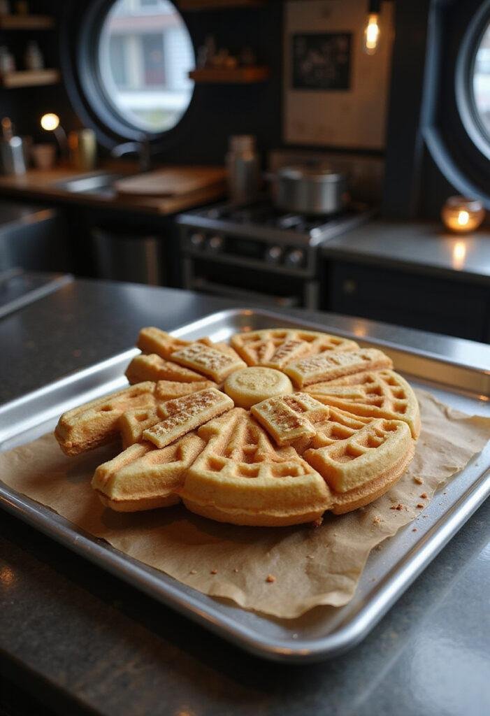 Star Wars Millennium Falcon waffles plated in a spaceship kitchen, showcasing a space-themed breakfast in realistic detail