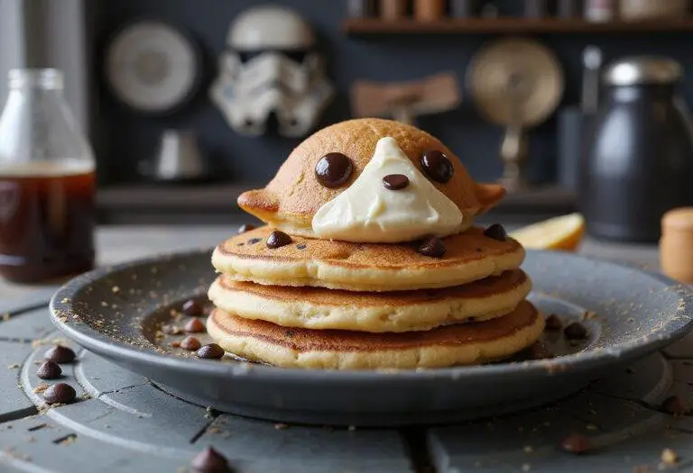 Star Wars Porg pancakes served as a themed breakfast with Porg-shaped pancakes in a Star Wars-inspired kitchen setting.