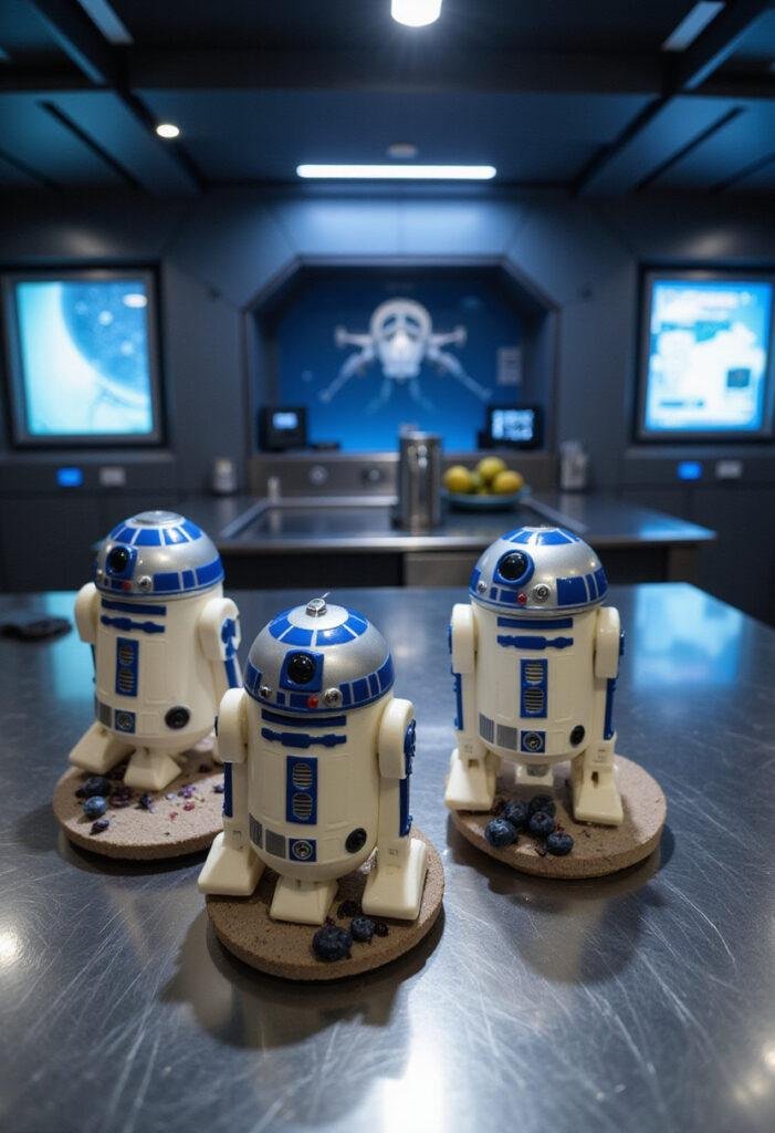 Star Wars R2-D2's Beep Boop Blueberry Muffins plated in a futuristic kitchen scene, decorated to resemble R2-D2 in a realistic style.
