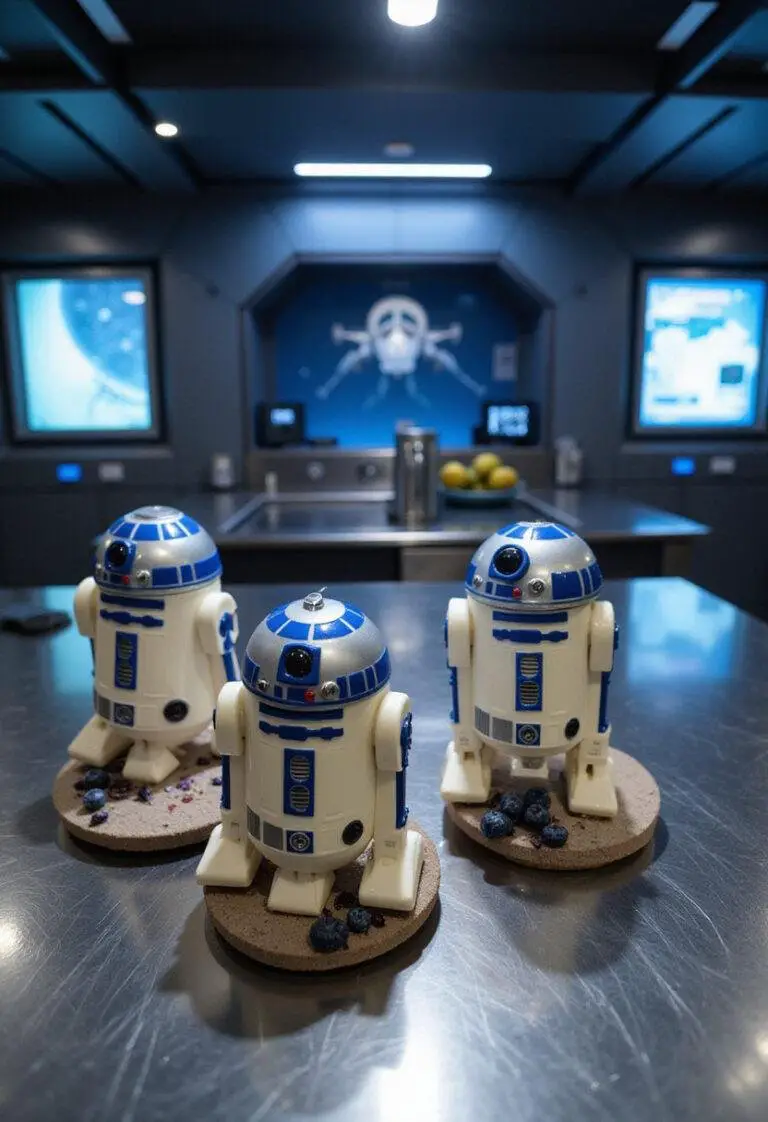 Star Wars R2-D2's Beep Boop Blueberry Muffins plated in a futuristic kitchen scene, decorated to resemble R2-D2 in a realistic style.