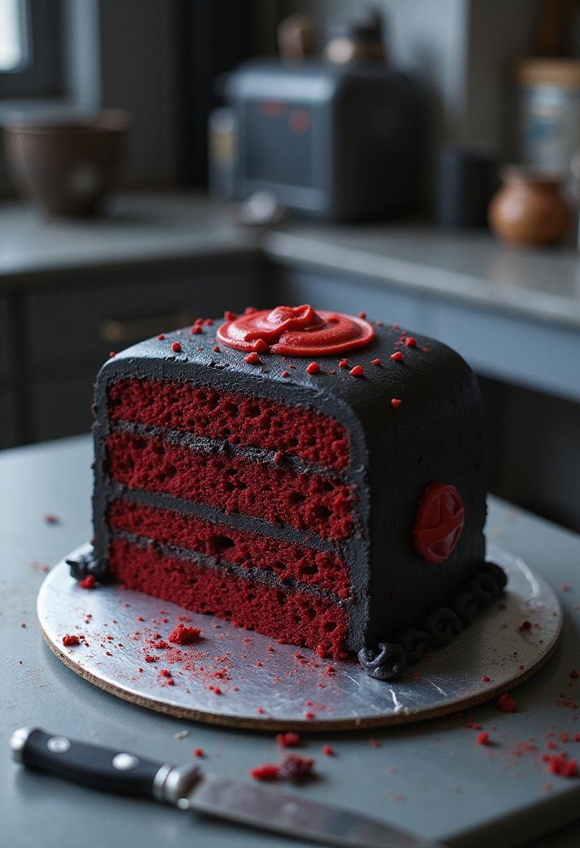 Star Wars Sith Holocron Red Velvet Cake realistically decorated as a Sith Holocron from Star Wars in a sci-fi setting