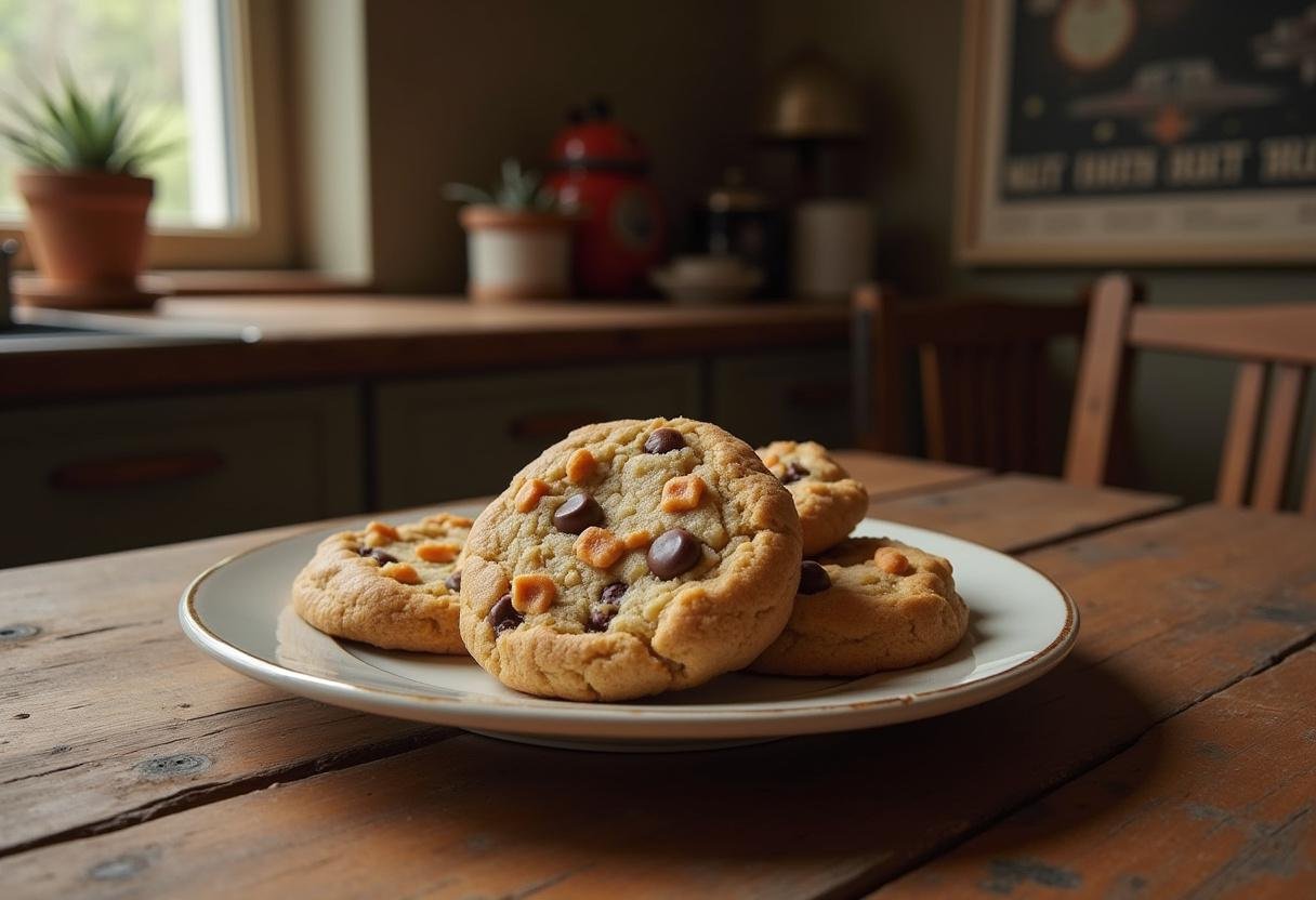 Star Wars Wookiee cookies with chocolate chips and toffee, plated in a cozy Star Wars-themed kitchen setting, inspired by Chewbacca and the galaxy far, far away.