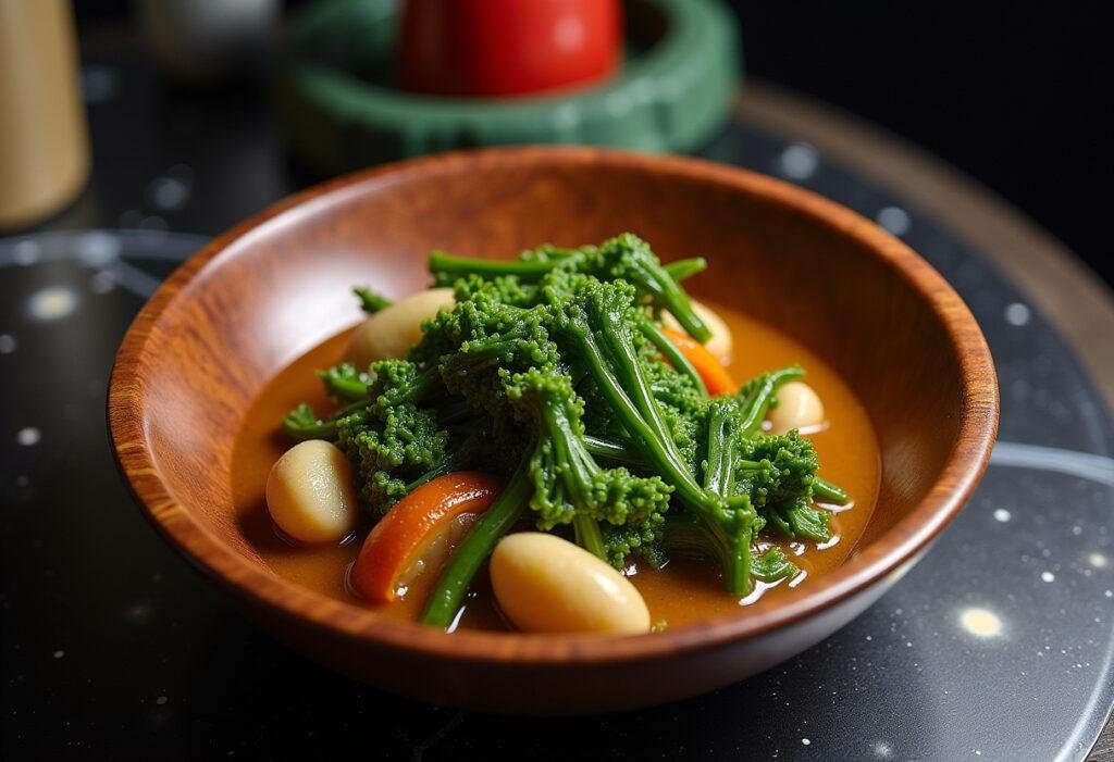Star Wars Yoda's Rootleaf Stew, hearty vegetable soup inspired by Yoda, served in a rustic setting with green vegetables on a space-themed table