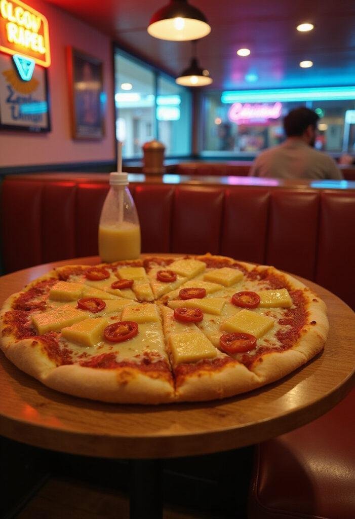 Stranger Things Argyle's Surfer Boy Pineapple Pizza on wooden table in retro diner setting, topped with pineapple, cheese, and pepperoni, illuminated vintage style