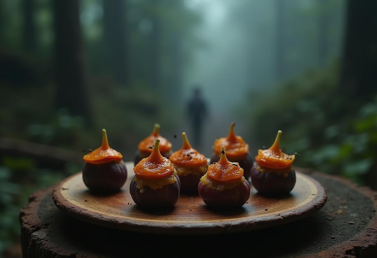 Stranger Things Demogorgon-zola and Fig Bites on a rustic plate in a forest scene from Stranger Things, highlighting fig appetizers and Demogorgon-inspired food.