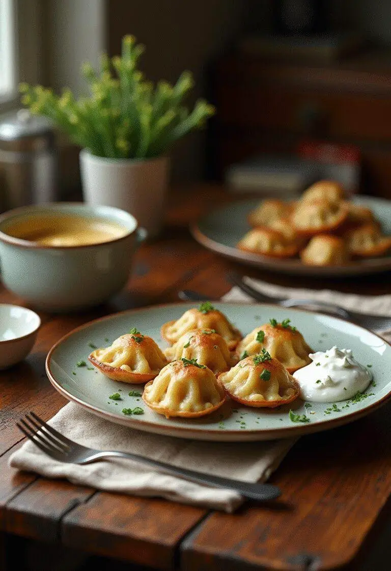 Stranger Things Dr. Brenner's Papa Potato Pierogies in a nostalgic 80s kitchen setting, plated on rustic table with herbs and sour cream.