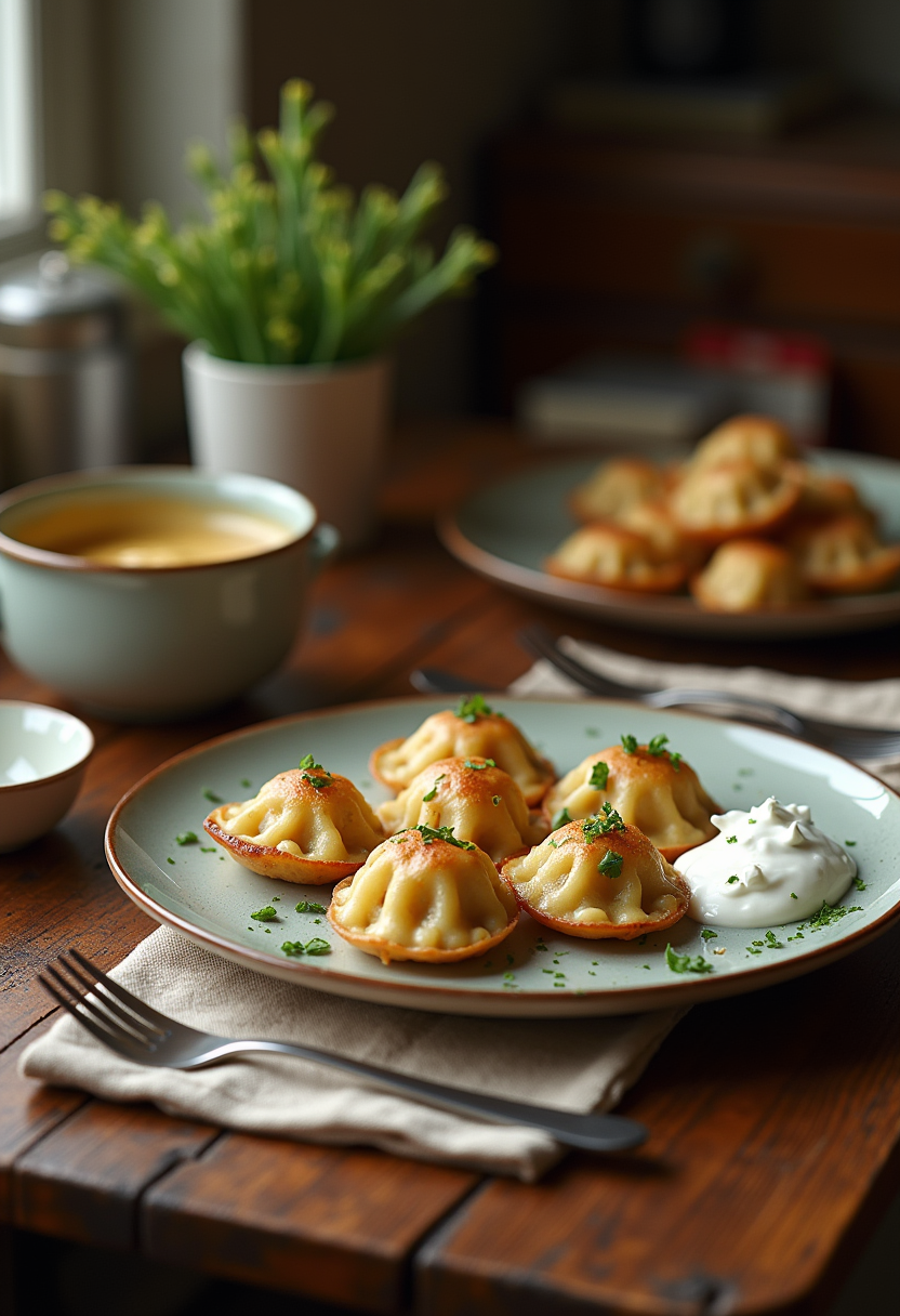 Stranger Things Dr. Brenner's Papa Potato Pierogies in a nostalgic 80s kitchen setting, plated on rustic table with herbs and sour cream.