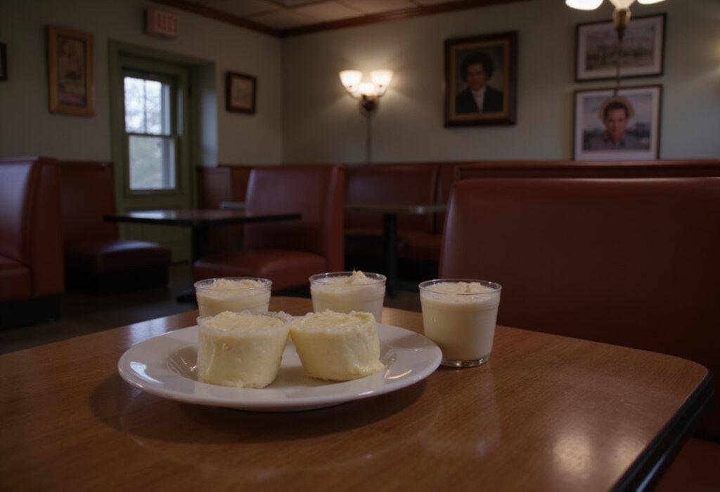 Stranger Things Dustin's Pearl Pudding Cups served in a Hawkins diner setting showing a nostalgic scene of pudding cups on a wooden table