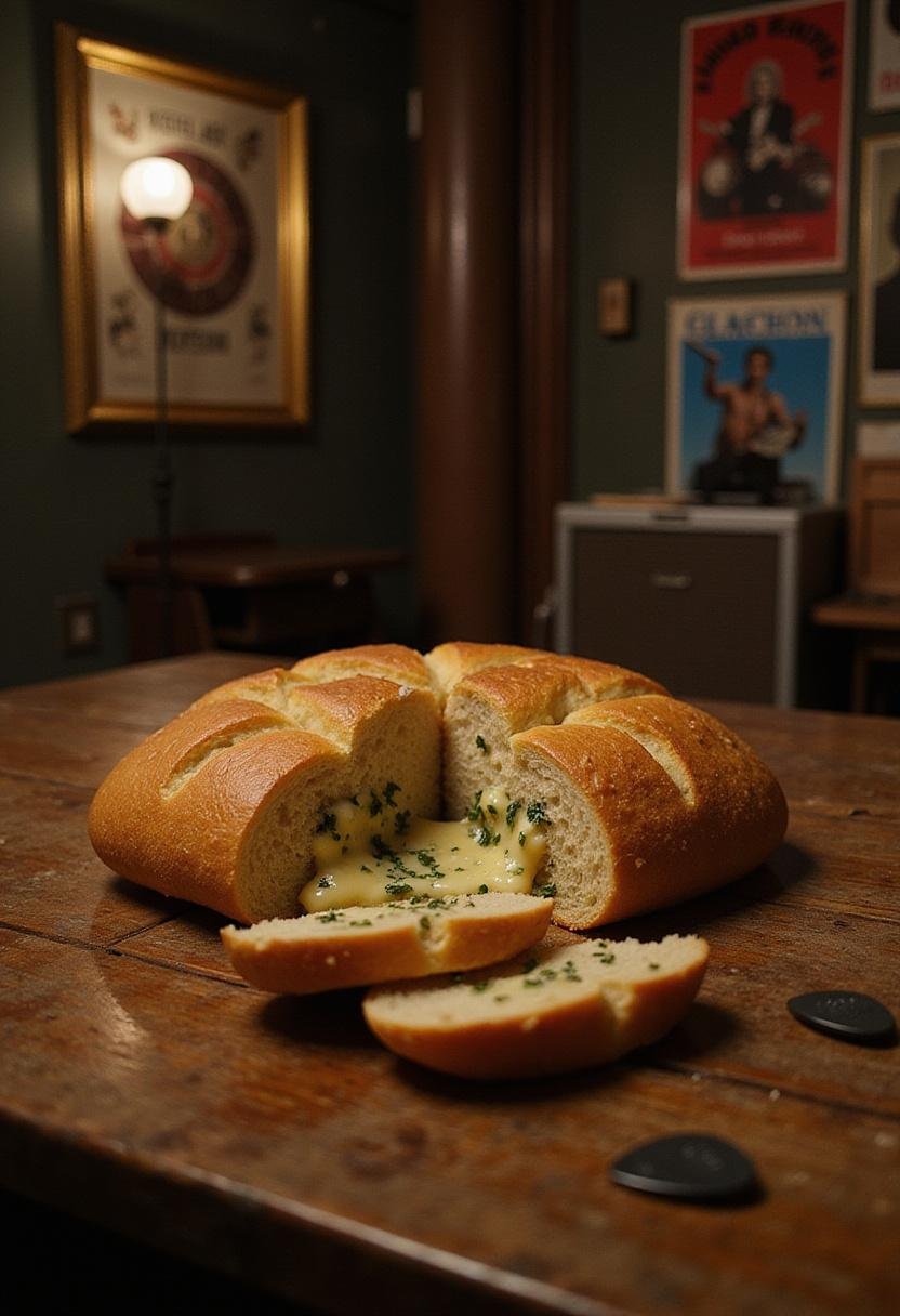 Eddie Munson's Master of Puppets Pull-Apart Bread from Stranger Things, realistic image in themed basement setting with rustic decoration