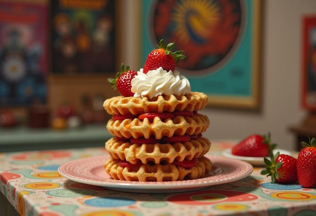 Stranger Things Eleven's Eggo Waffle Cake served on a vintage kitchen table surrounded by retro decor, highlighting the iconic Eggo waffles role in the series.