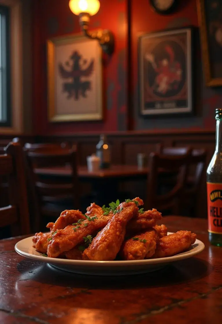 Stranger Things Hawkins High Hellfire Club hot wings on a themed table, realistic spicy chicken wings in a Hawkins-inspired setting