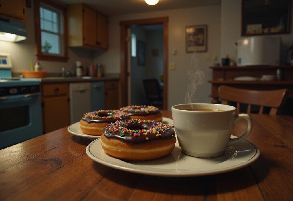 Stranger Things Hopper's coffee donuts on a vintage kitchen table with coffee, in a 1980s-style scene