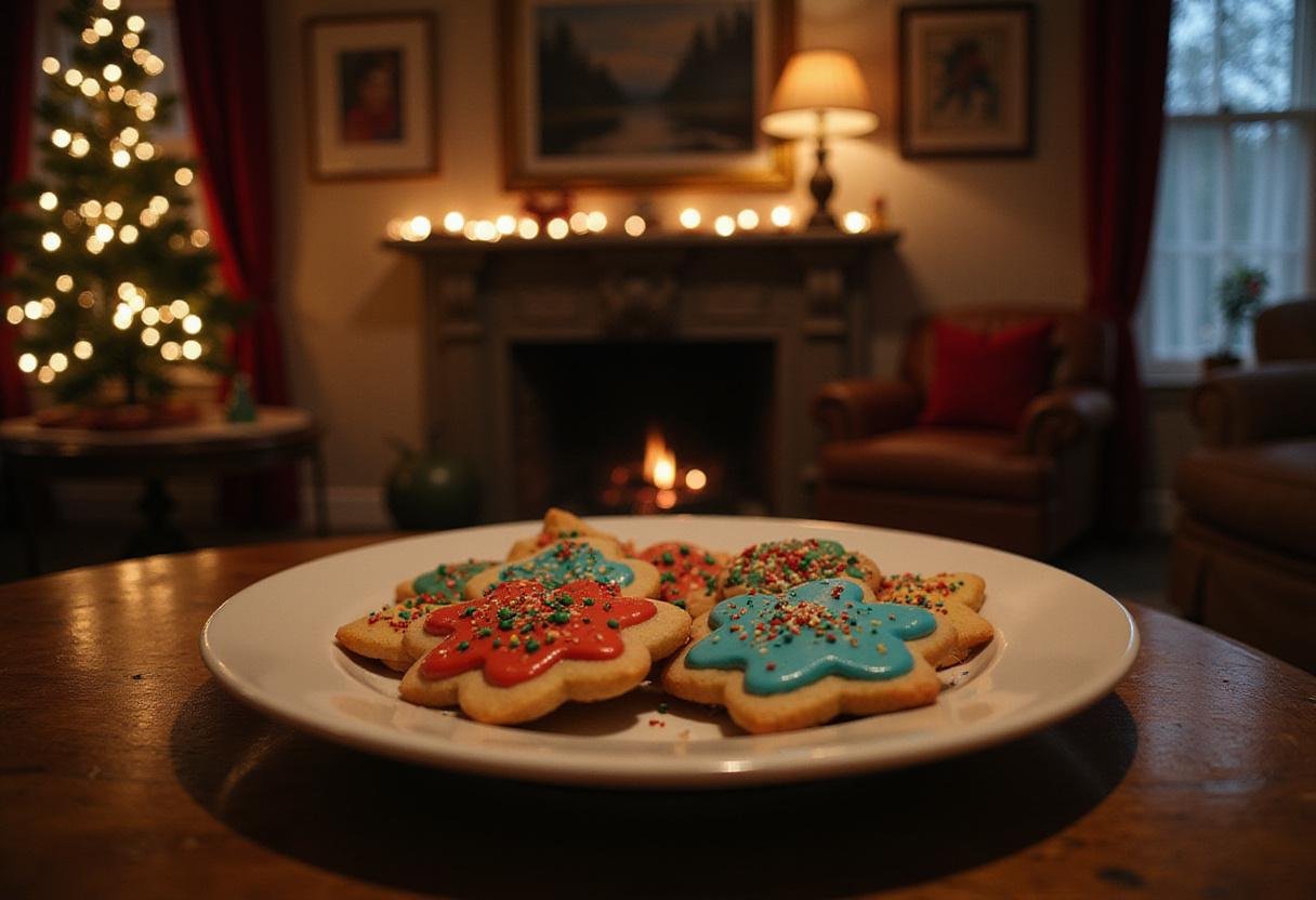 Stranger Things Joyce's Christmas Lights Sugar Cookies decorated with colorful icing and sprinkles on a wooden table in a cozy living room setting.