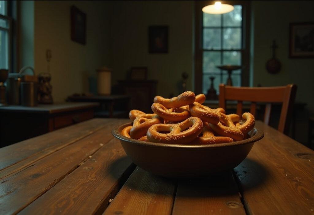 Stranger Things Lucas's Slingshot Pretzel Sticks served as pretzel snacks in a themed scene from Stranger Things, featuring golden-brown pretzels in a rustic setting.
