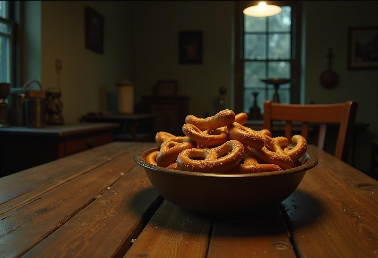 Stranger Things Lucas's Slingshot Pretzel Sticks served as pretzel snacks in a themed scene from Stranger Things, featuring golden-brown pretzels in a rustic setting.