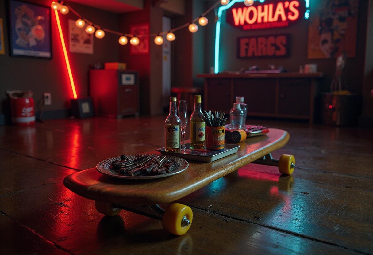 Stranger Things Max's Skater Skewers served on a wooden platter in a retro 1980s basement with skateboarding decor and neon lighting.