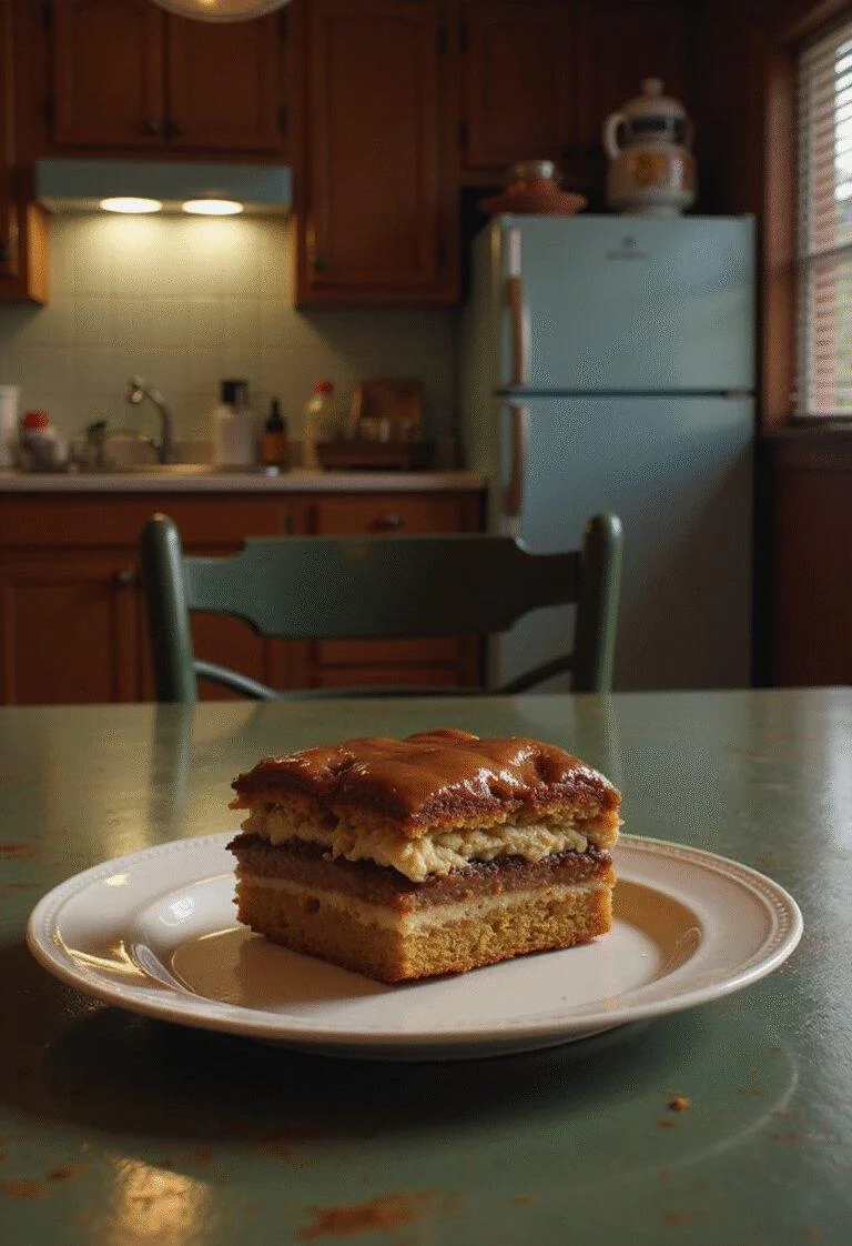 Stranger Things Murray's Karate Coffee Cake served on a vintage kitchen table with retro 1980s décor, highlighting the rich, glazed coffee cake perfect for fans.