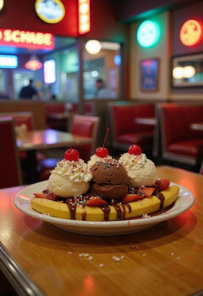 Stranger Things Robin's Scoops Troop Banana Split served on a vintage diner table with colorful ice cream, whipped cream, and cherries, in a nostalgic 1980s setting.