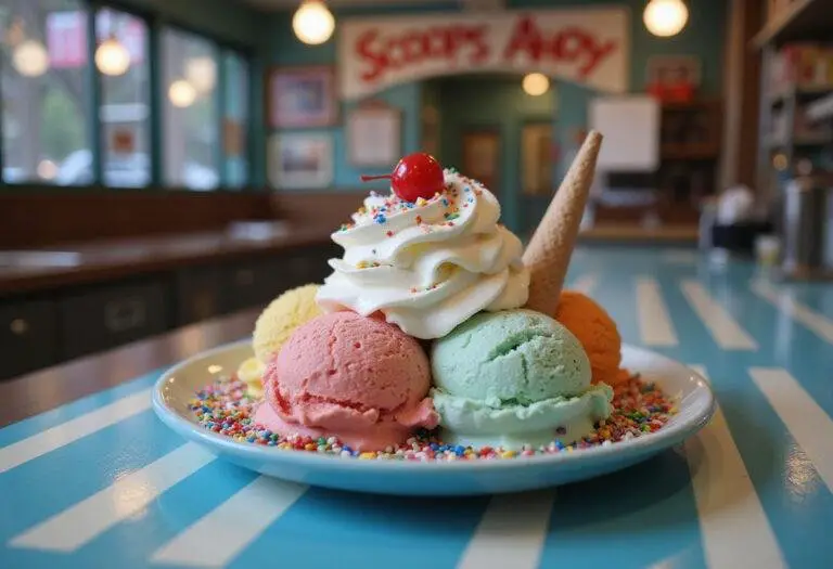 Stranger Things Steve's Scoops Ahoy Ice Cream Sundae in a vintage ice cream shop with colorful toppings and striped decor