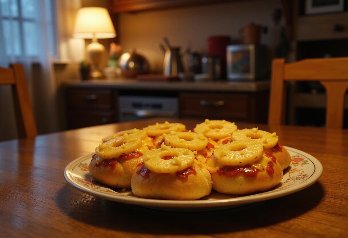Stranger Things Pineapple on Pizza Hawaiian Rolls on a vintage table in a 1980s-inspired kitchen, realistic and colorful.