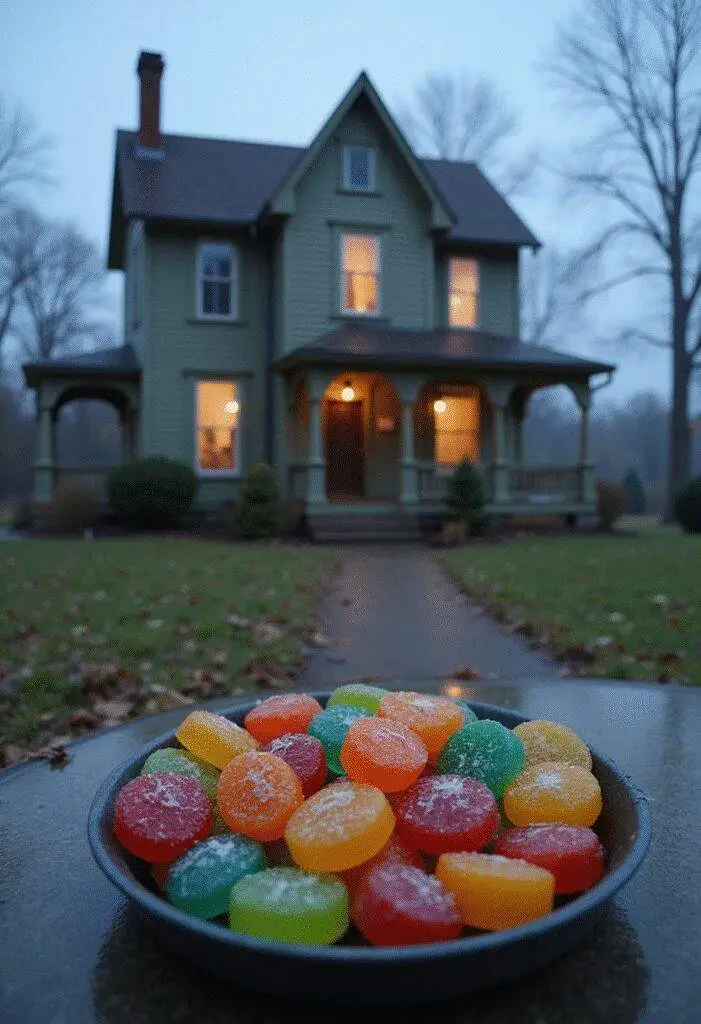 Stranger Things The Creel House stained glass window candy displayed in a themed setting with vintage house in the background