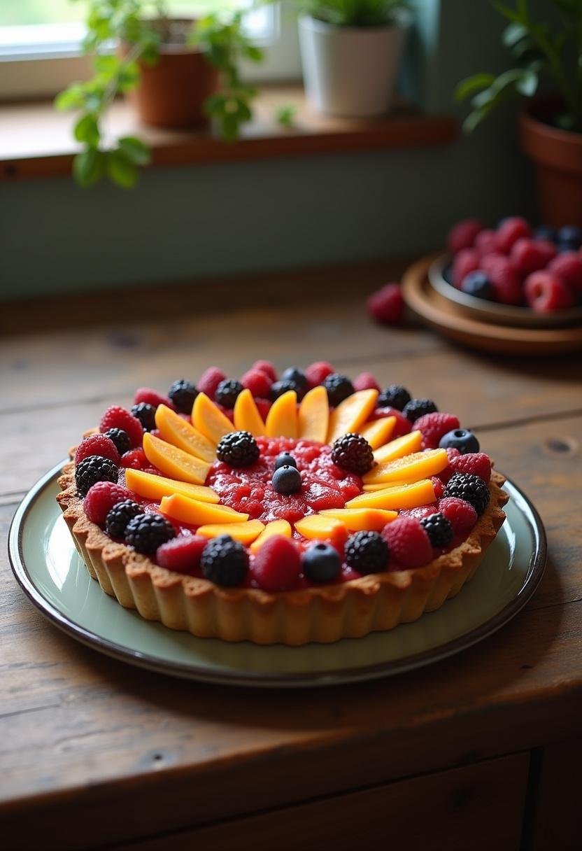Stranger Things The Demogorgon's Petal-Face Fruit Tart, a vibrant and artistic fruit tart inspired by Stranger Things, styled in a cozy retro kitchen setting.