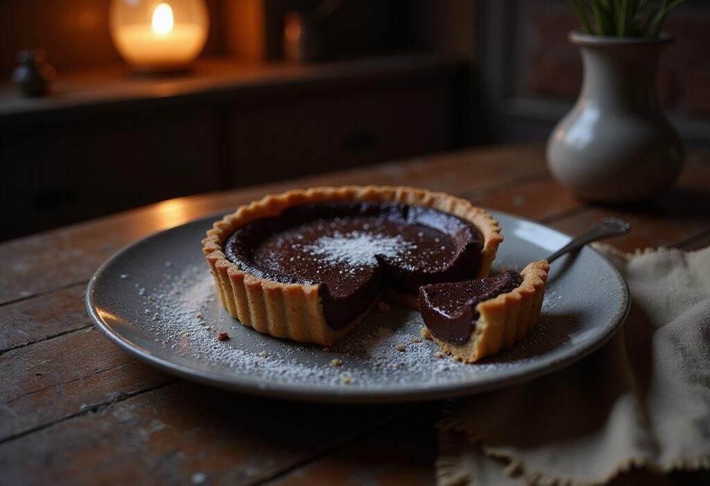 Stranger Things The Upside Down Dark Chocolate Tart served on a vintage table with mysterious lighting, garnished with powdered sugar in a scene inspired by Stranger Things.
