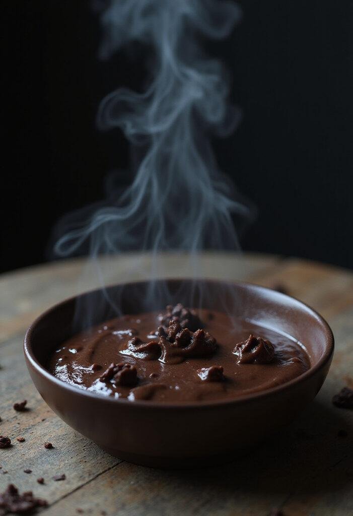 Stranger Things The Upside Down Shadow Monster Chocolate Pudding served in a rustic setting with eerie lighting, capturing the dark, mysterious theme.