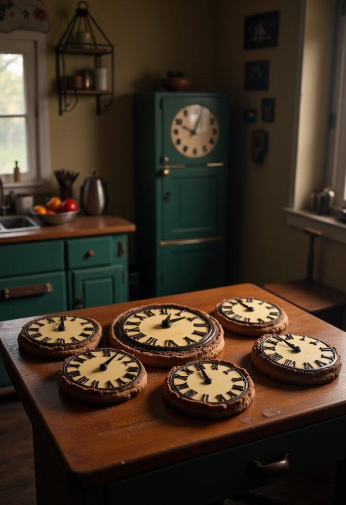 Stranger Things Vecna's Grandfather Clock Cookies presented in a vintage 1980s kitchen scene with dark icing and retro decor, inspired by the show’s eerie style.