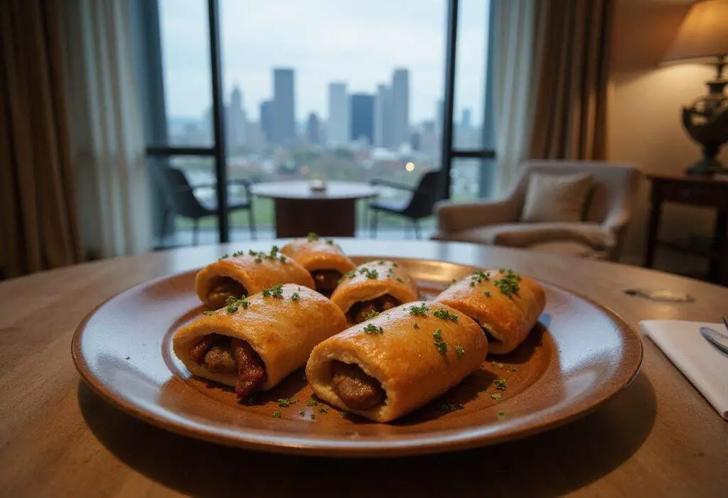 Succession's Boar on the Floor Sausage Rolls plated elegantly in a luxurious setting, showcasing golden flaky sausage rolls inspired by the Roy family's wealth.