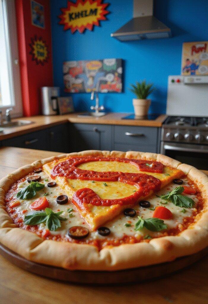 Superman Bizarro Opposite Day Pizza on a wooden table in a superhero-themed kitchen, decorated with comic book elements and vibrant toppings in Superman shape.