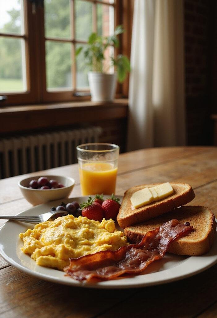 Superman Clark Kent's Smallville Farmhouse Breakfast with scrambled eggs, bacon, toast, and fresh fruit in a rustic farmhouse kitchen setting