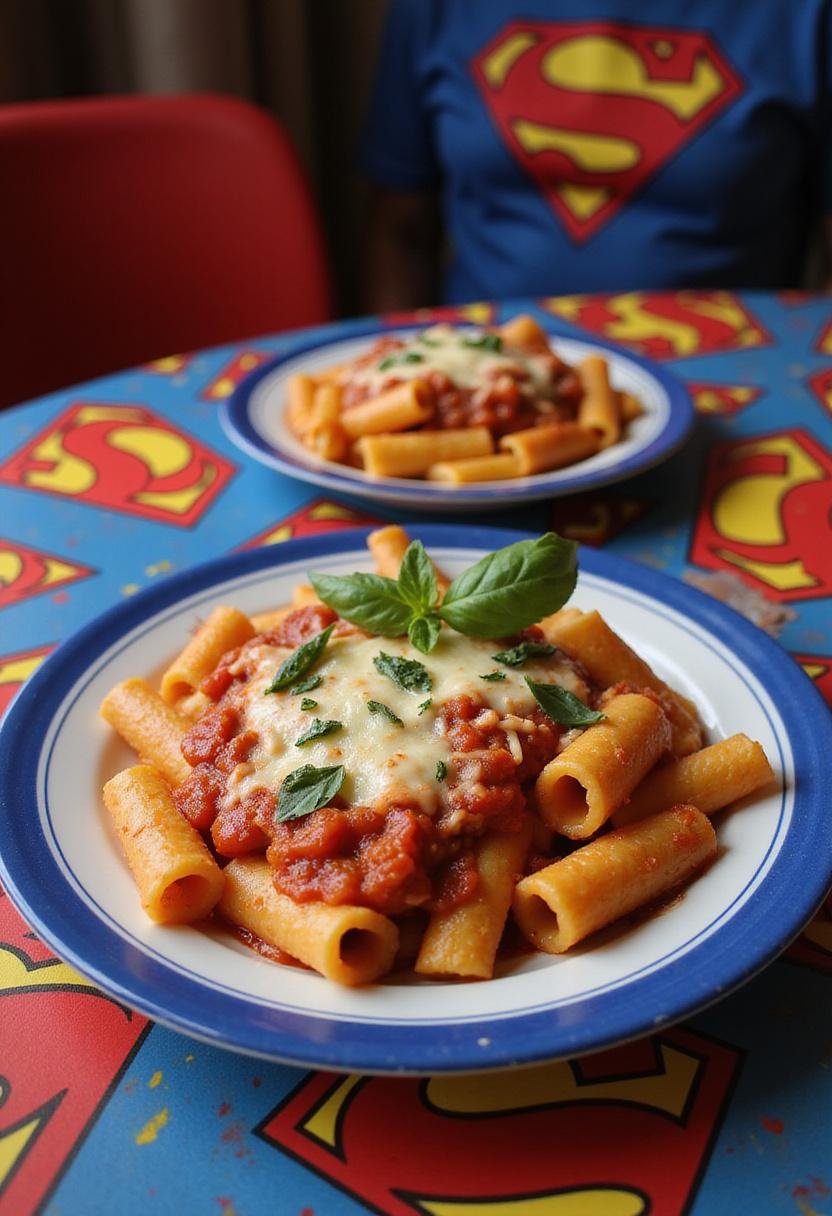 Superman General Zod's Kneel Before Zod Ziti, a delicious baked pasta dish with cheese and tomato sauce in a superhero-themed setting.
